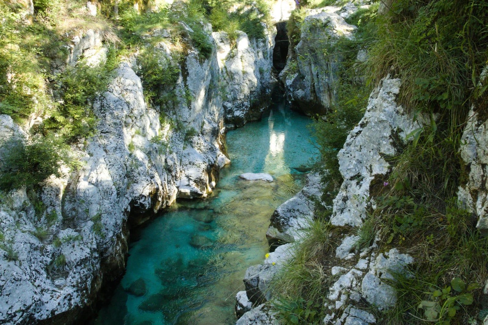 Türkisfarbenes Wasser der Soča fließt zwischen steilen Kalksteinschluchtwänden nahe Bovec im Triglav-Nationalpark.